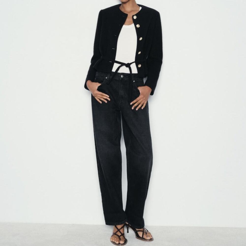 Zara Structured Blazer Lady Jacket Small Black Belted Gold Buttons Preppy Trendy - Picture 16 of 16